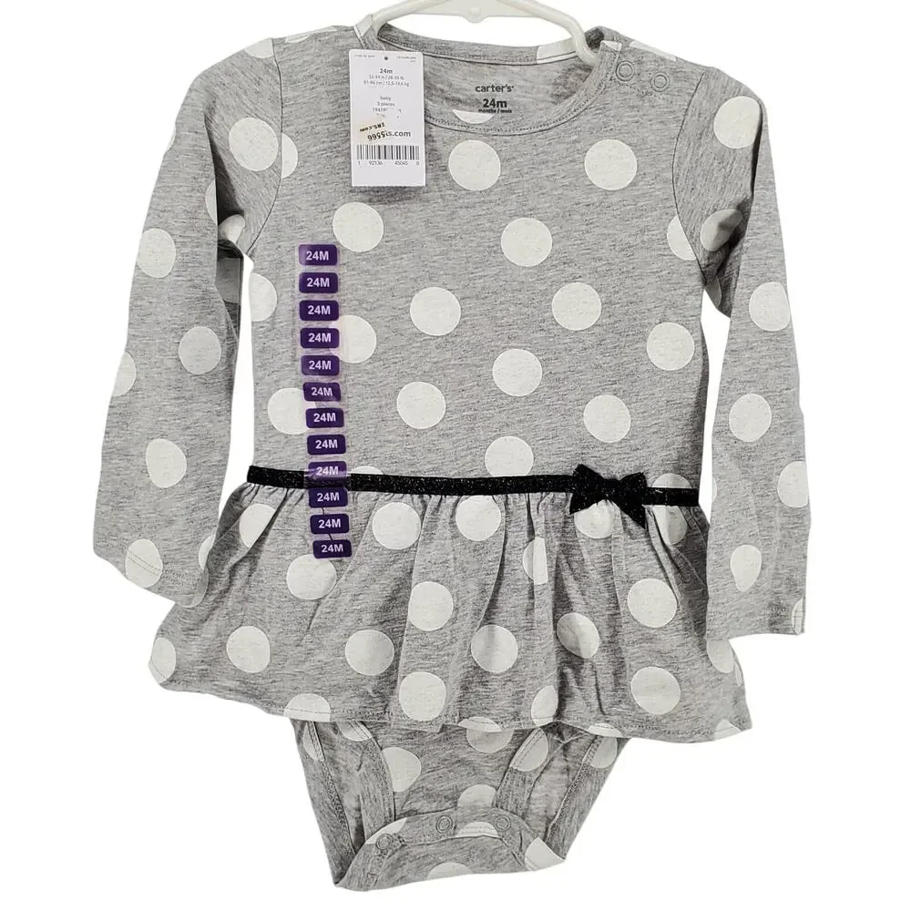 Carters Baby Girl 24M Gray Polka Dot Tutu Dress Bodysuit Long Sleeve 100% Cotton